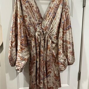 Free People Paisley Mini Dress in Cream and Brown with Blue Accents